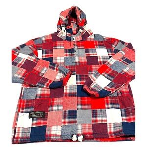 Vermont Flannel Co Men's Patchwork Stadium Hoodie M Red 1/4 Button USA